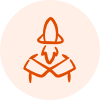 reliable delivery system icon showing a rocket launching from an envelope on a peach circular background